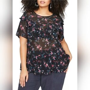 Love & Legend Black and Pink Floral Ruffle Short Sleeve Blouse 18